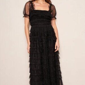 NWT DRA Santa Ynez Black Ruffled Swiss Dot Tulle Maxi Dress Small